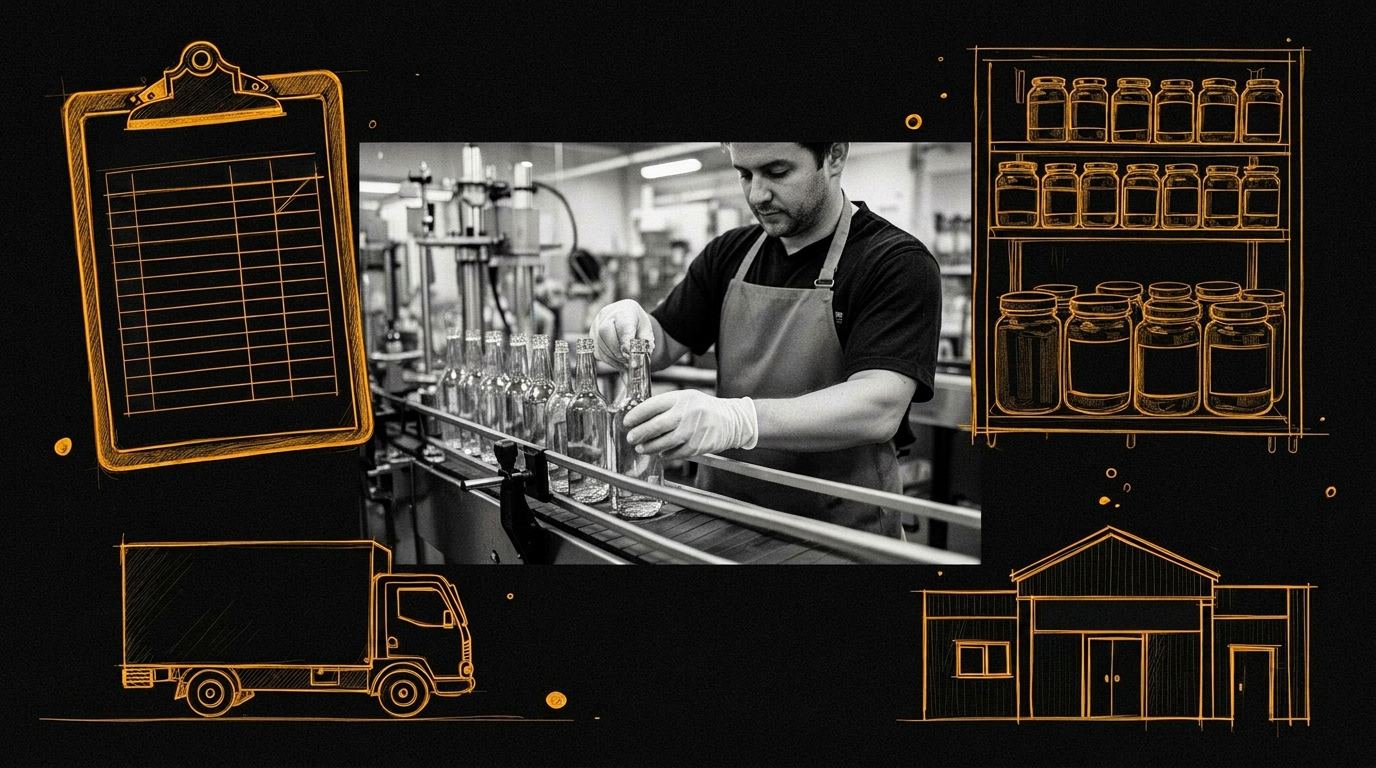 Production line operator inspecting a filled glass bottle on a stainless steel bottling line, surrounded by pen and ink sketches of a clipboard, a private label retail shelf, a delivery truck, and a grocery aisle.
