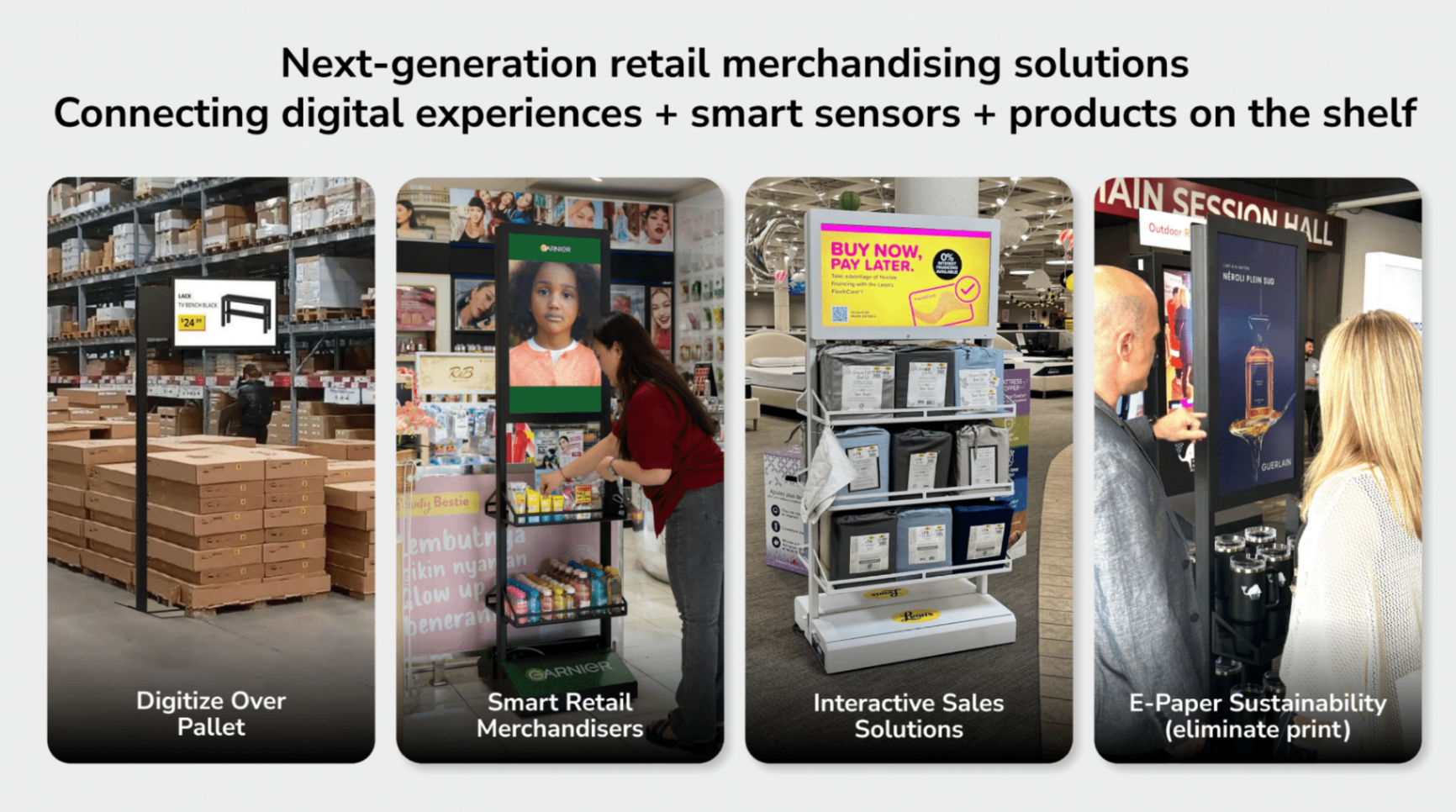 Slide showing next-generation retail merchandising solutions across over-pallet displays, smart merchandisers, interactive sales units, and e-paper formats.