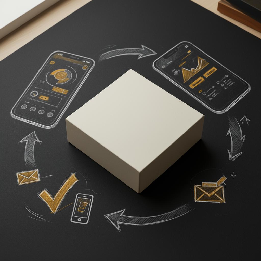 A sample box on a desk surrounded by hand-drawn pen-and-ink sketches of phones running Scope OS, follow-up arrows, and a delivery checkmark, in the Goldenscope visual style.