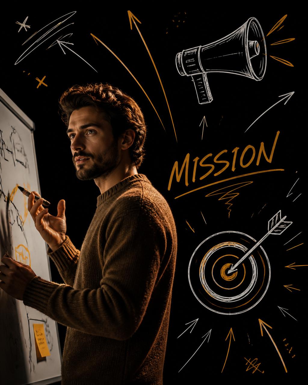 Founder at whiteboard with sketched megaphone, target, and MISSION scribble