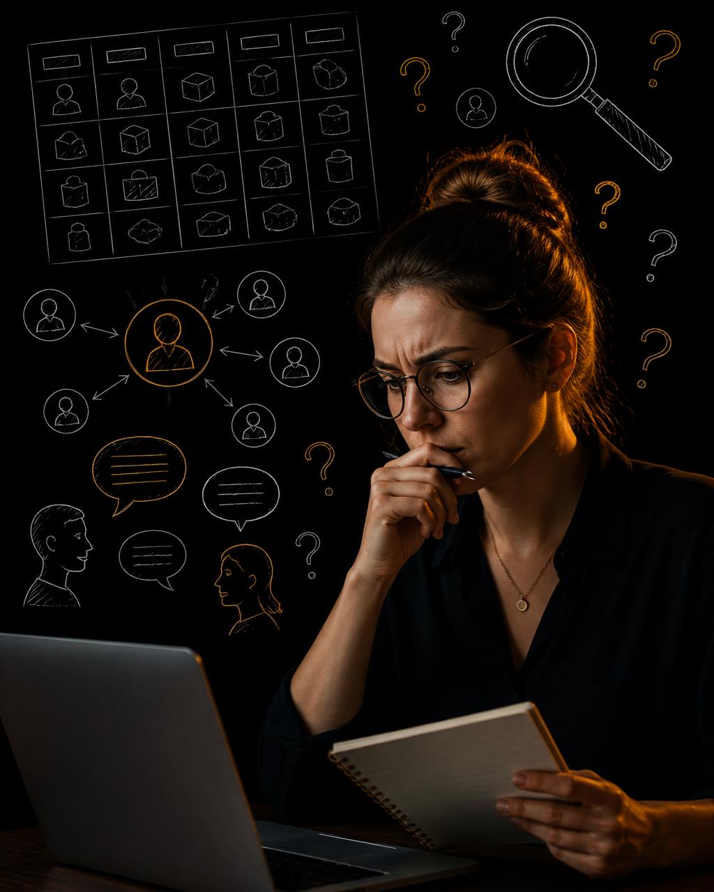 Researcher with laptop, notepad, and sketched category grids and interview bubbles
