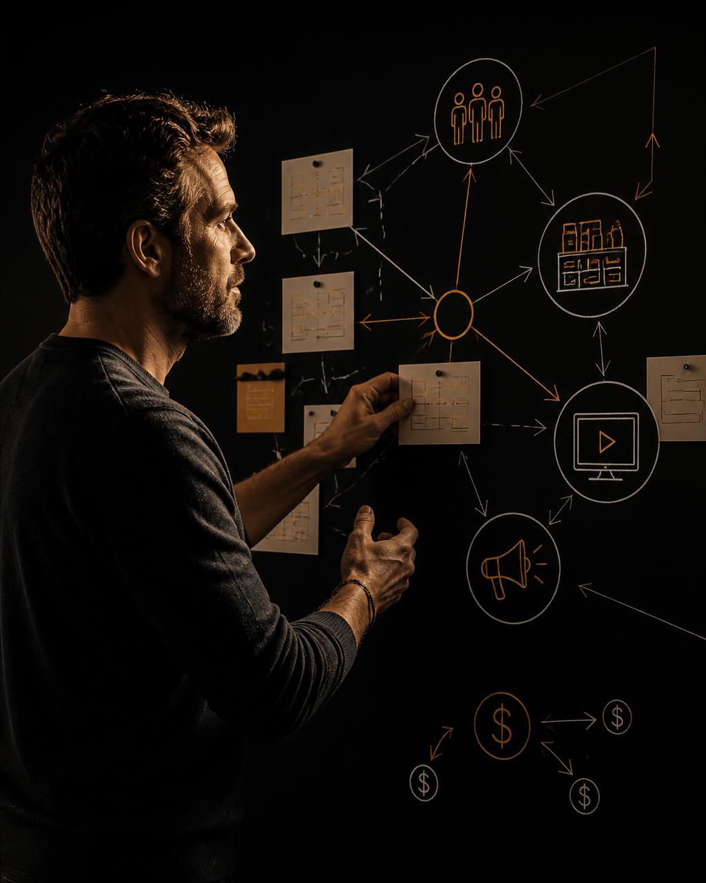 Strategist pinning cards on a wall with a sketched channel node diagram