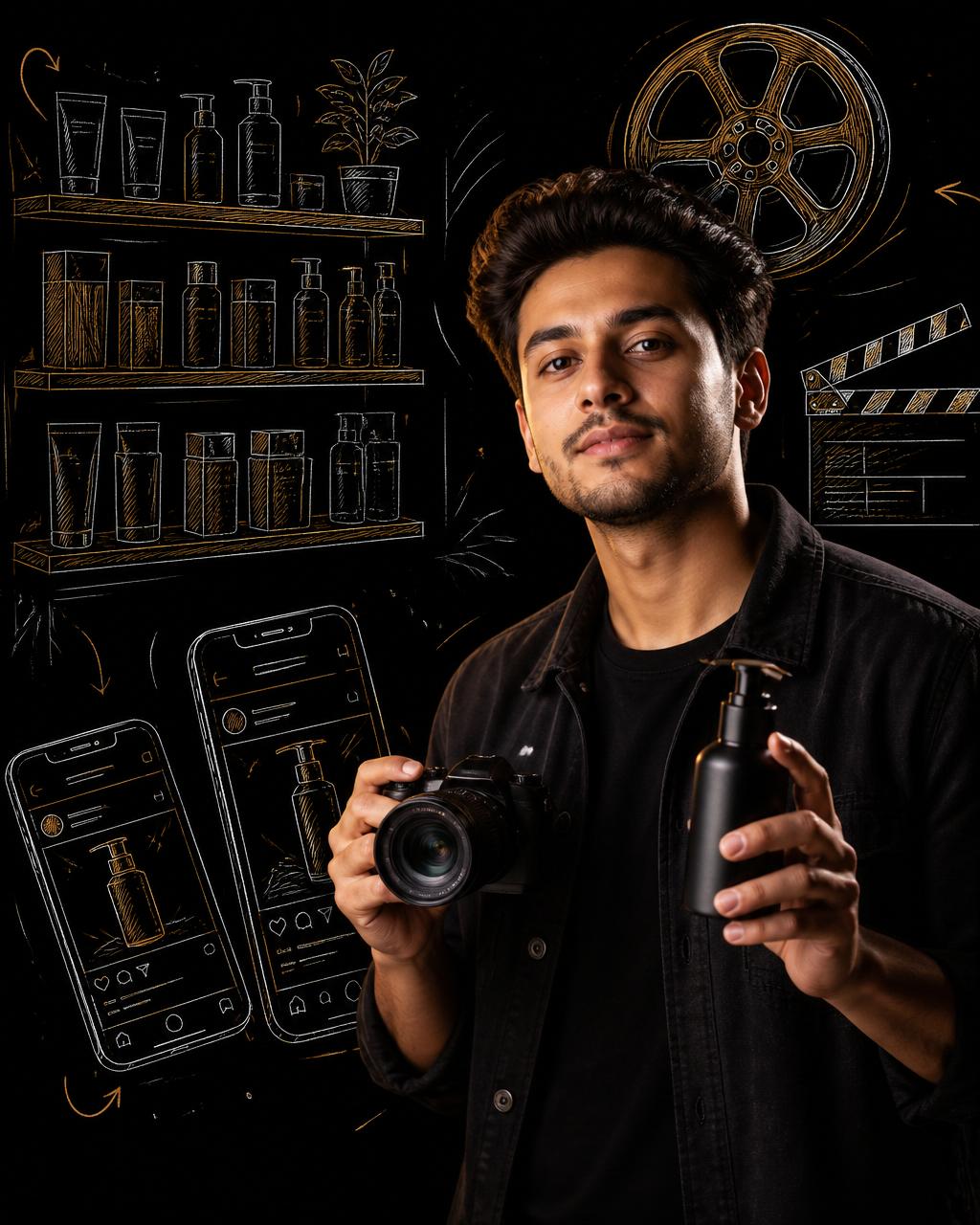 Creator holding camera and product with sketched retail shelf and phone posts