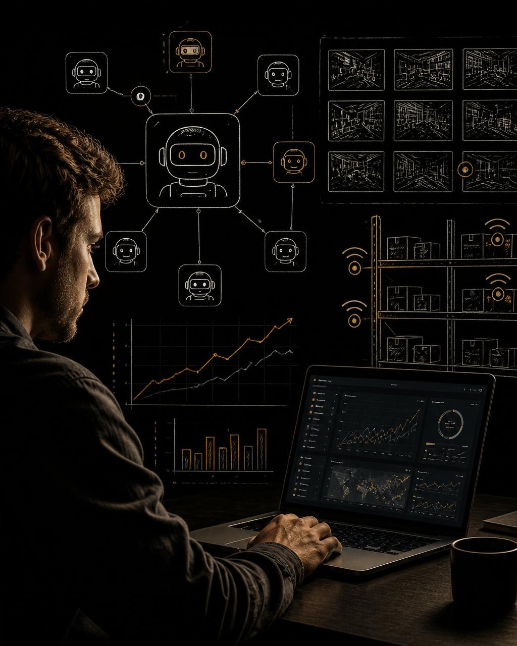 Operator at laptop dashboard with sketched AI agent nodes and sensor grid
