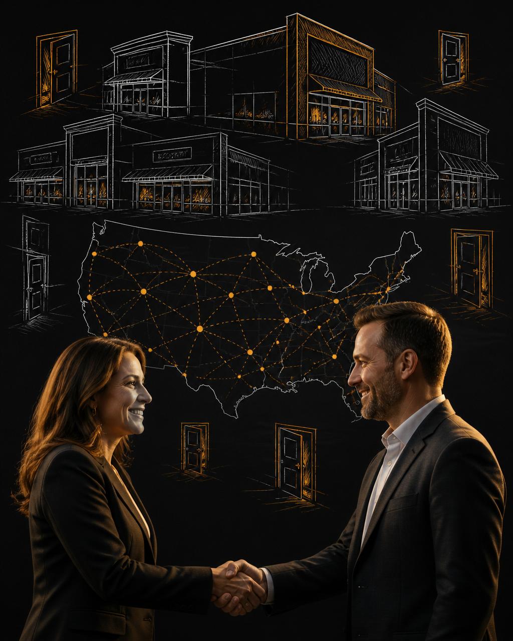 Two people mid-handshake with sketched retailer storefronts and US door map