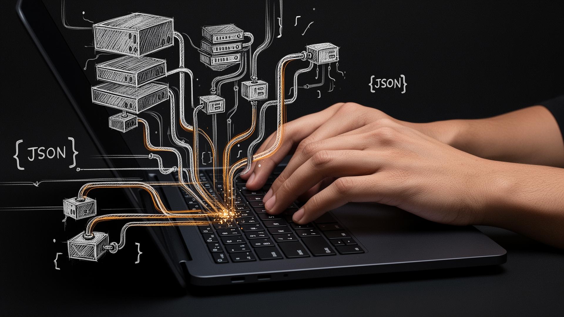 Hands typing on a laptop with sketched API and data pipes flowing in