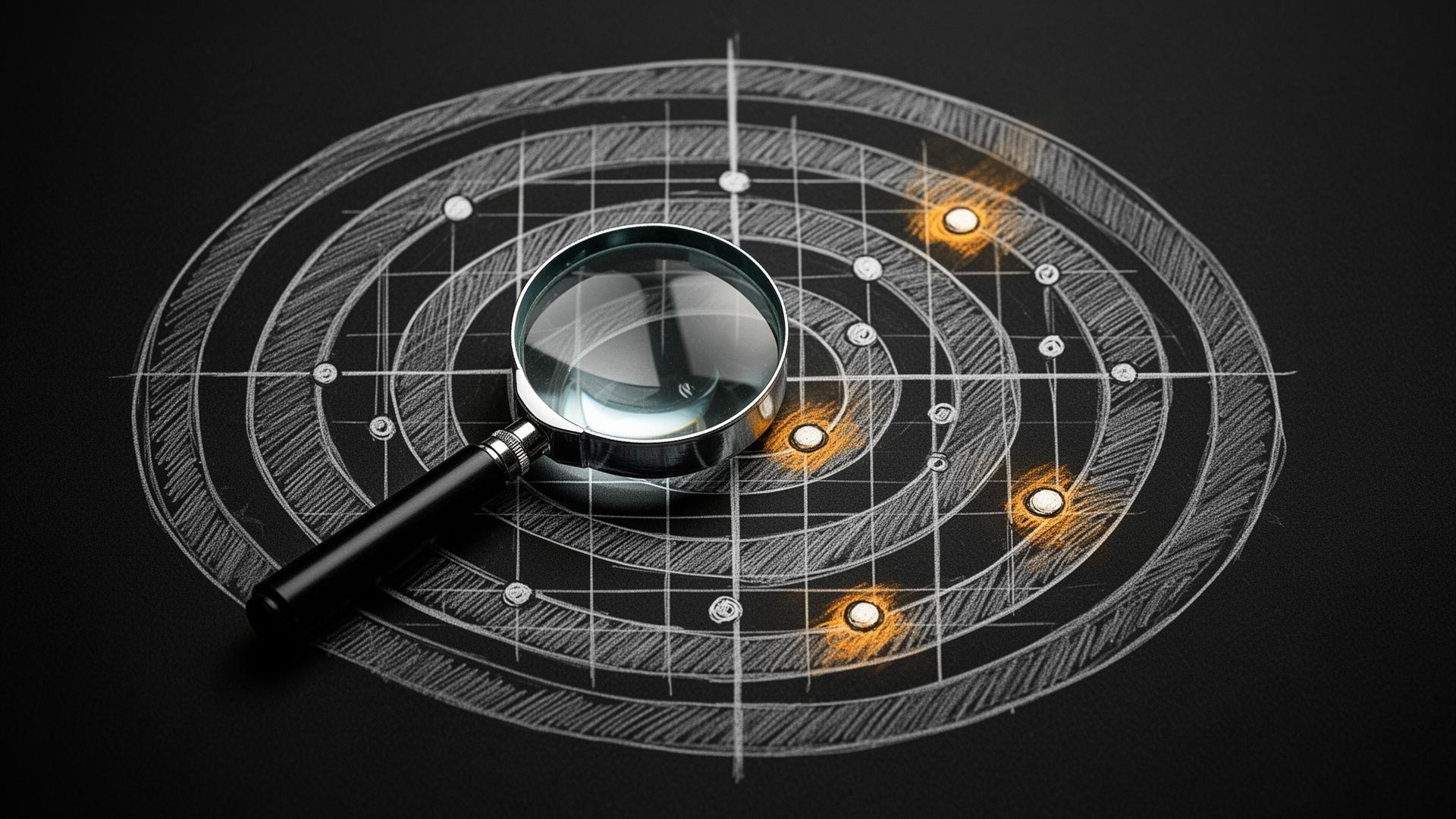 Magnifying loupe over a sketched scoring matrix with amber highlighted targets