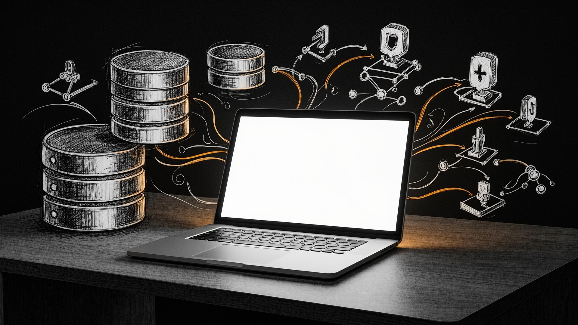 Laptop on a desk with sketched databases and lead platform nodes syncing in