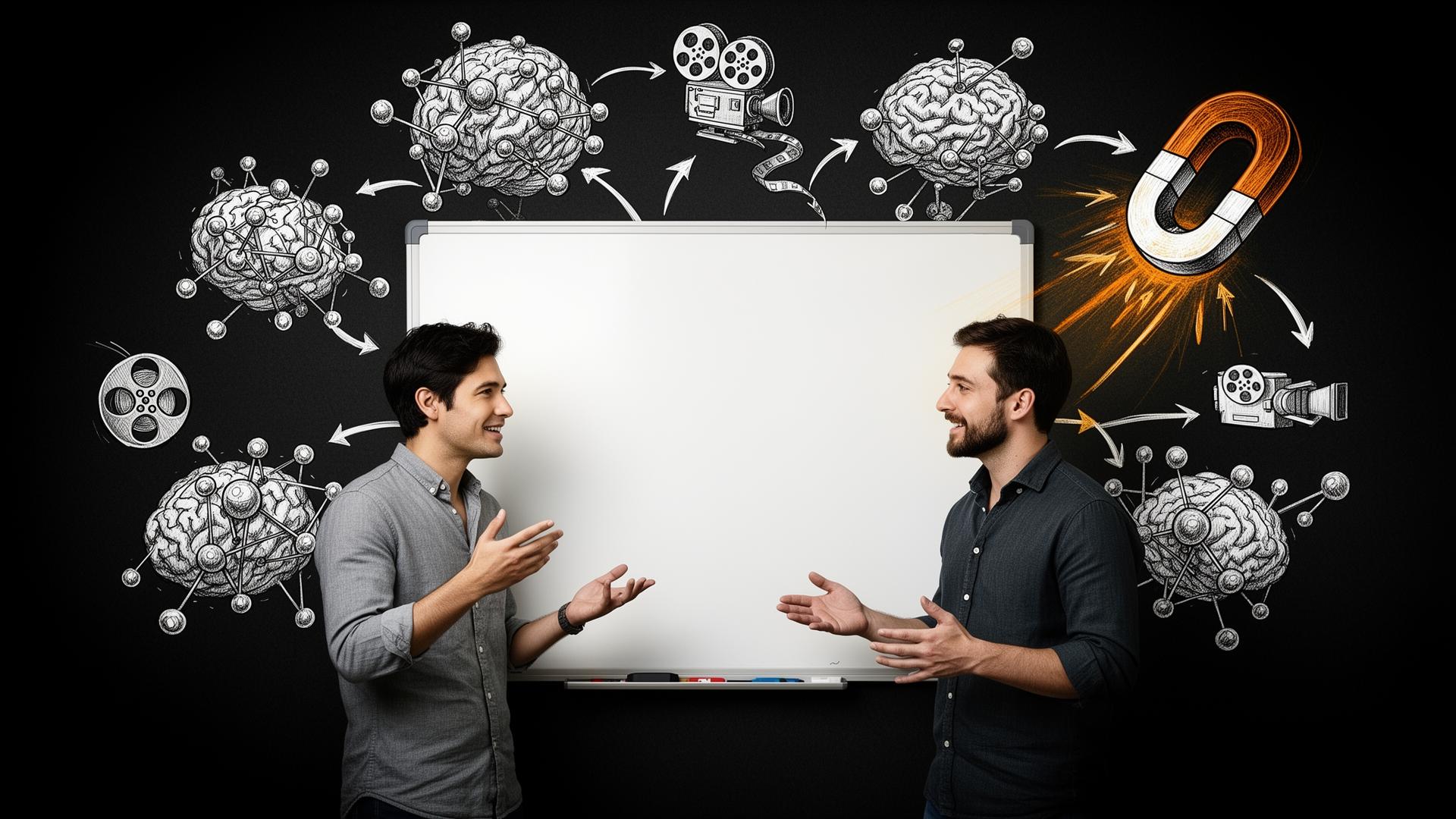 Two operators at a whiteboard with sketched AI nodes, a film camera, and an amber magnet