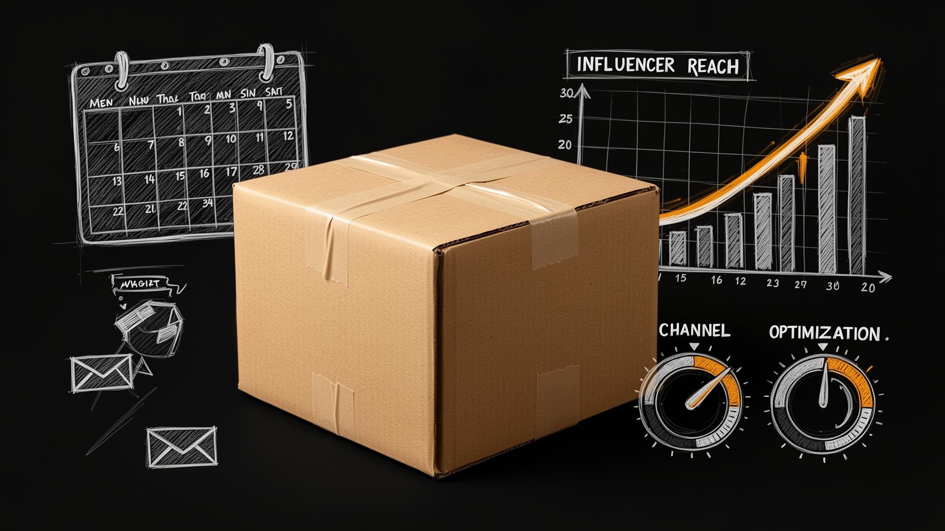 A sample shipping box with sketched demo calendar, rising influencer reach chart, and channel dials