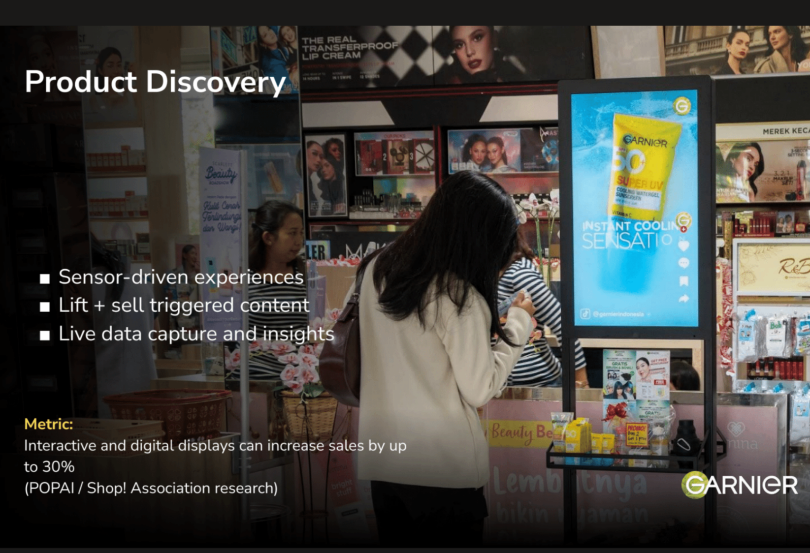 Presentation slide showing a product discovery display inside a beauty retail environment.