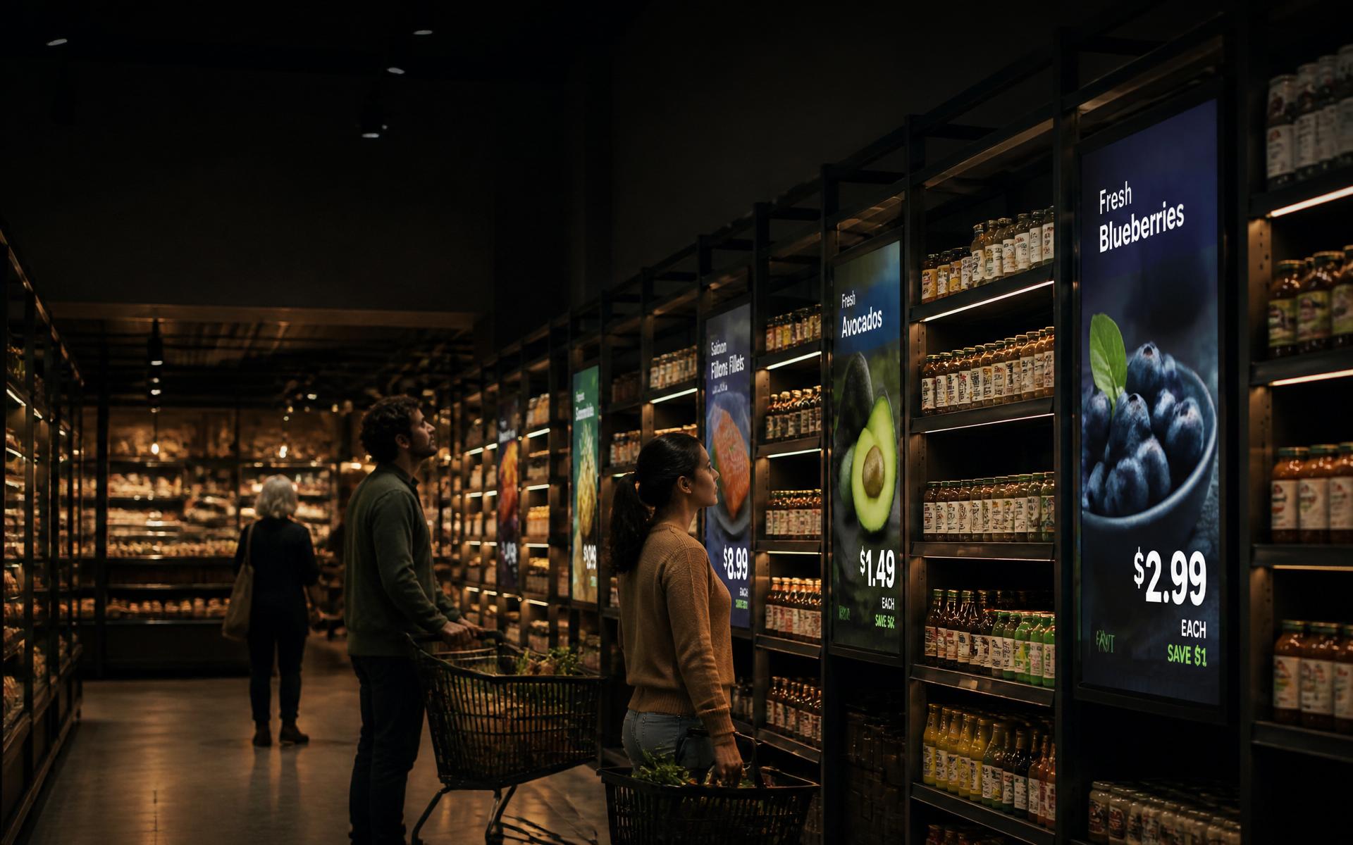 Shoppers looking at bright digital display screens along a grocery store aisle