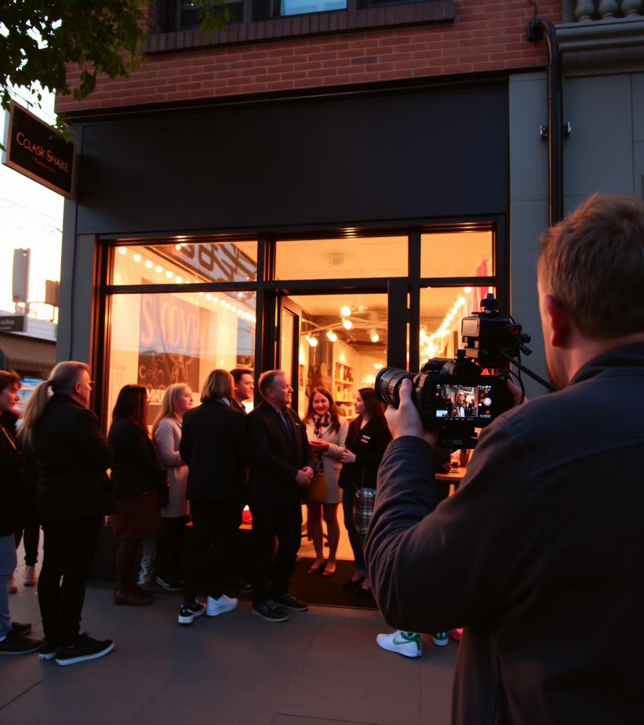 Creator capturing a boutique storefront opening event at golden hour