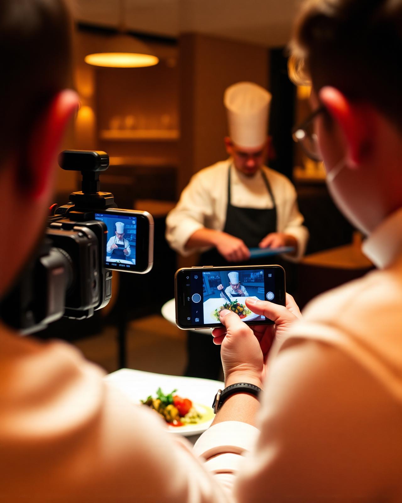 Content creator filming a chef plating during a restaurant grand opening