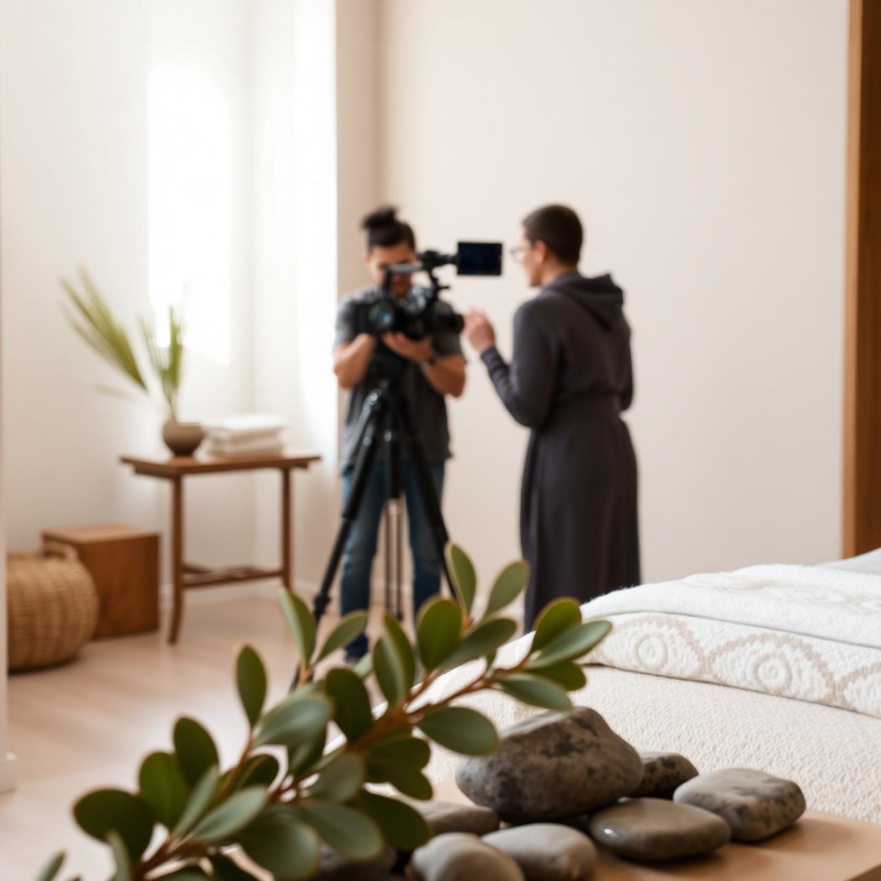 Creator filming a spa treatment room activation