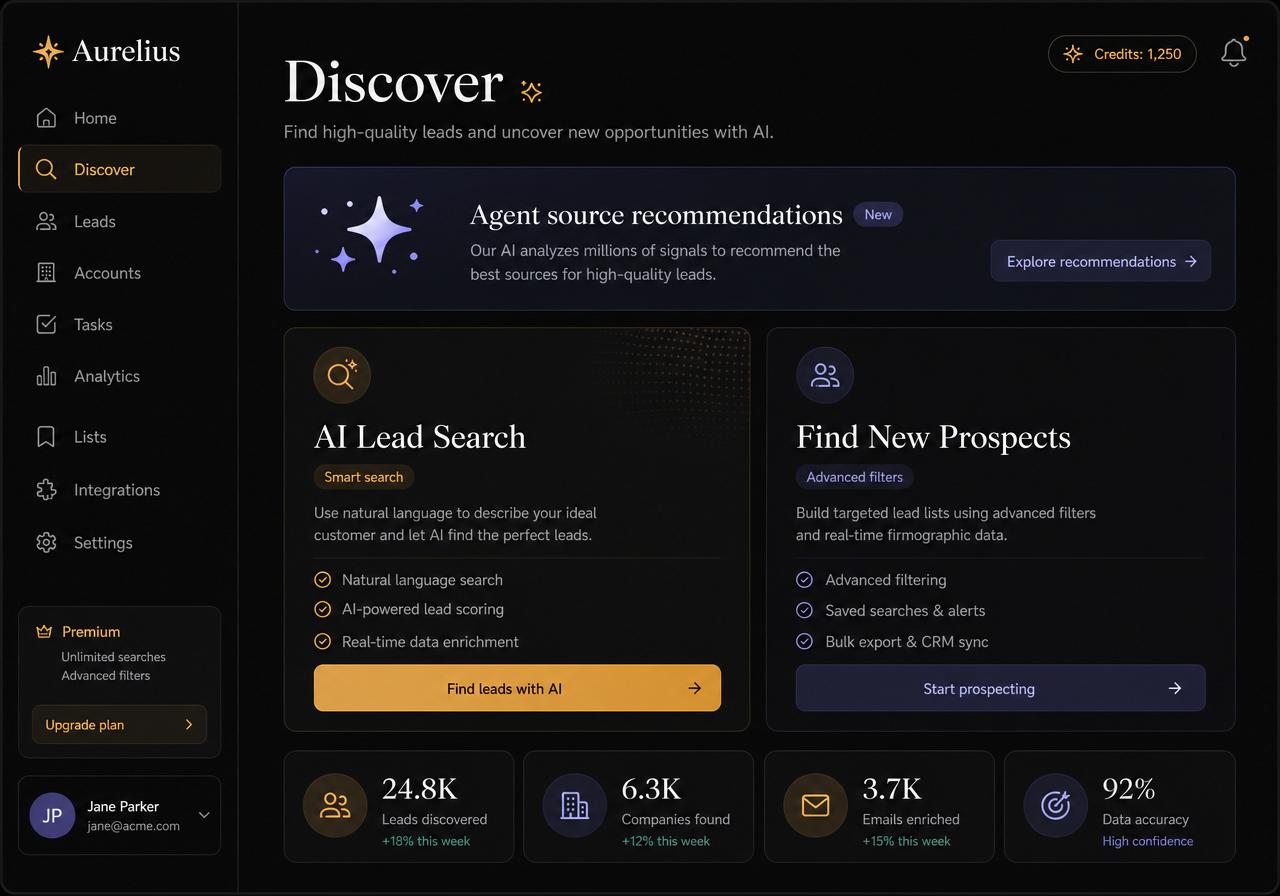 Scope OS Discover view with AI Lead Search and Find New Prospects agent cards.
