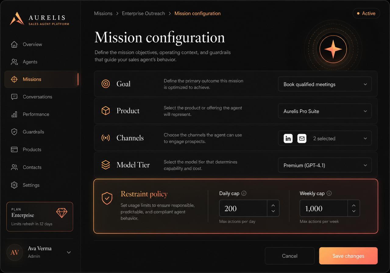 Scope OS mission configuration screen showing goal, product, channels, and restraint policy caps.