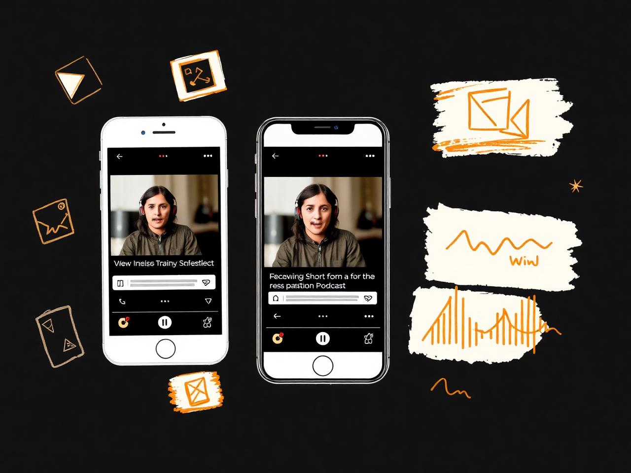 Two smartphones showing vertical short-form podcast clips, surrounded by hand-drawn pen-and-ink sketched social icons with amber accents.