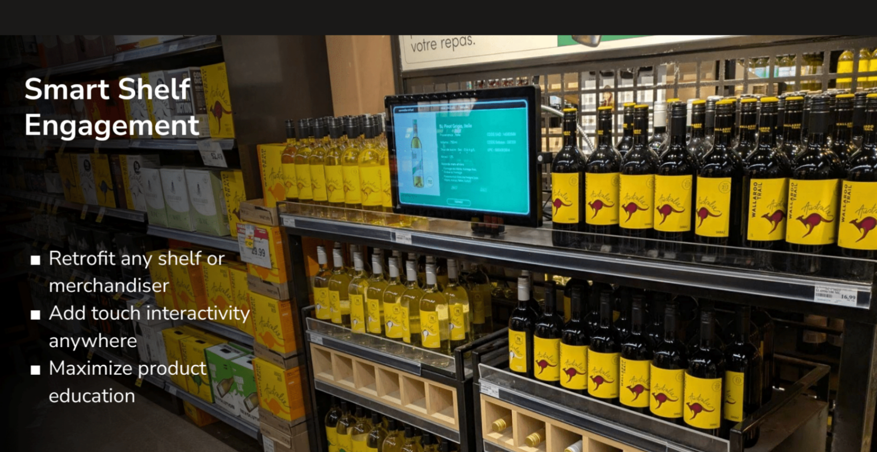 Presentation slide showing a smart shelf engagement display embedded into a wine aisle.