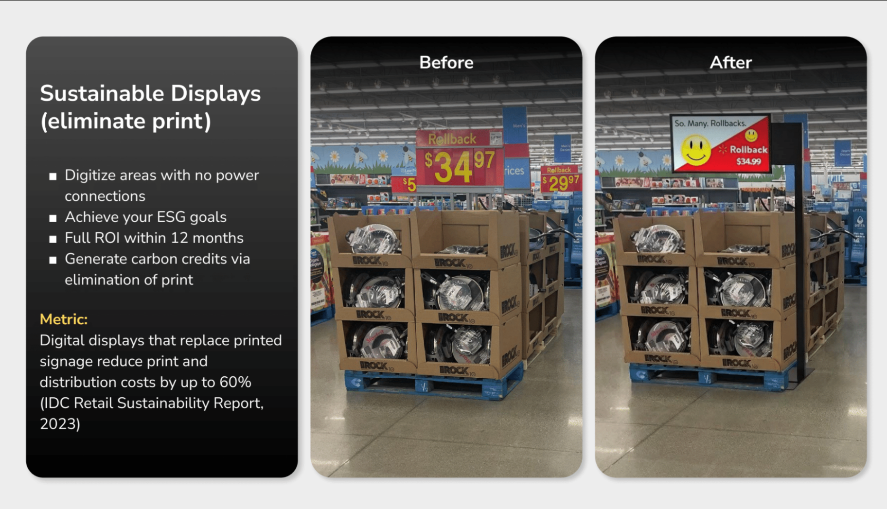 Presentation slide showing sustainable digital retail displays with before and after examples in-store.