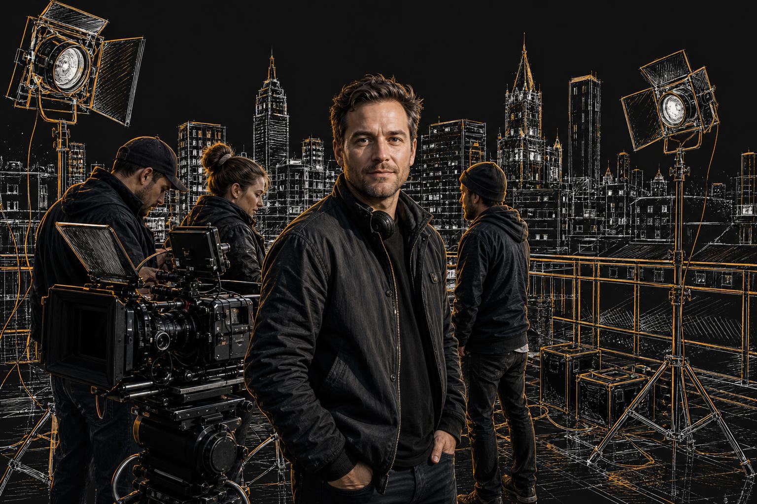 Creator on a rooftop production set with a small crew and cinema camera, sketched skyline surroundings
