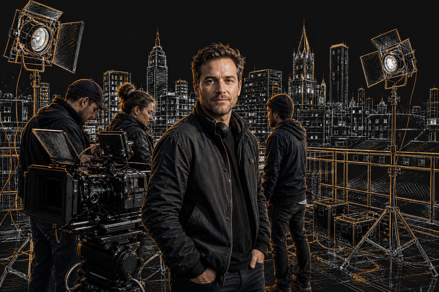 Creator on a rooftop production set with a small crew and cinema camera, sketched skyline surroundings