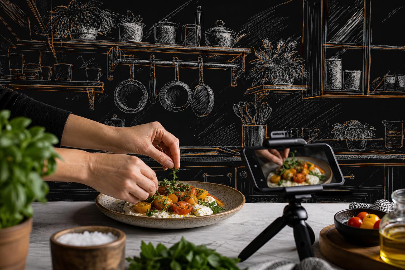 Food creator plating a fresh dish while a phone records it from above, sketched kitchen surroundings