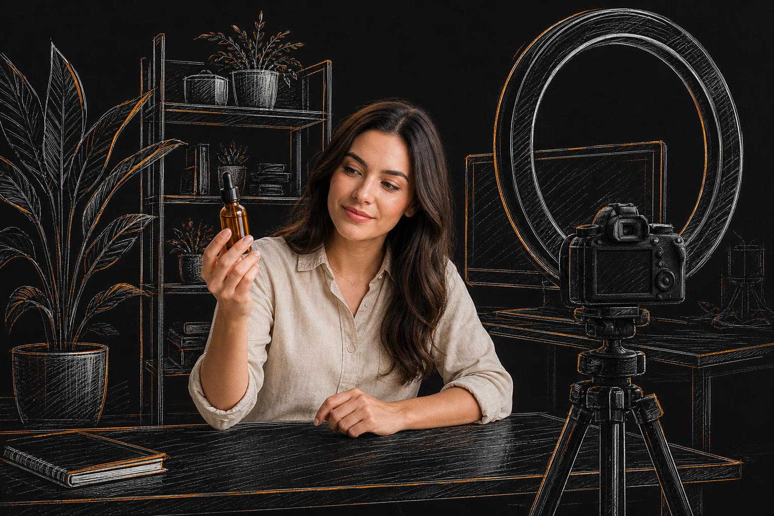 Creator reviewing a product in front of a ring light and camera, sketched studio surroundings