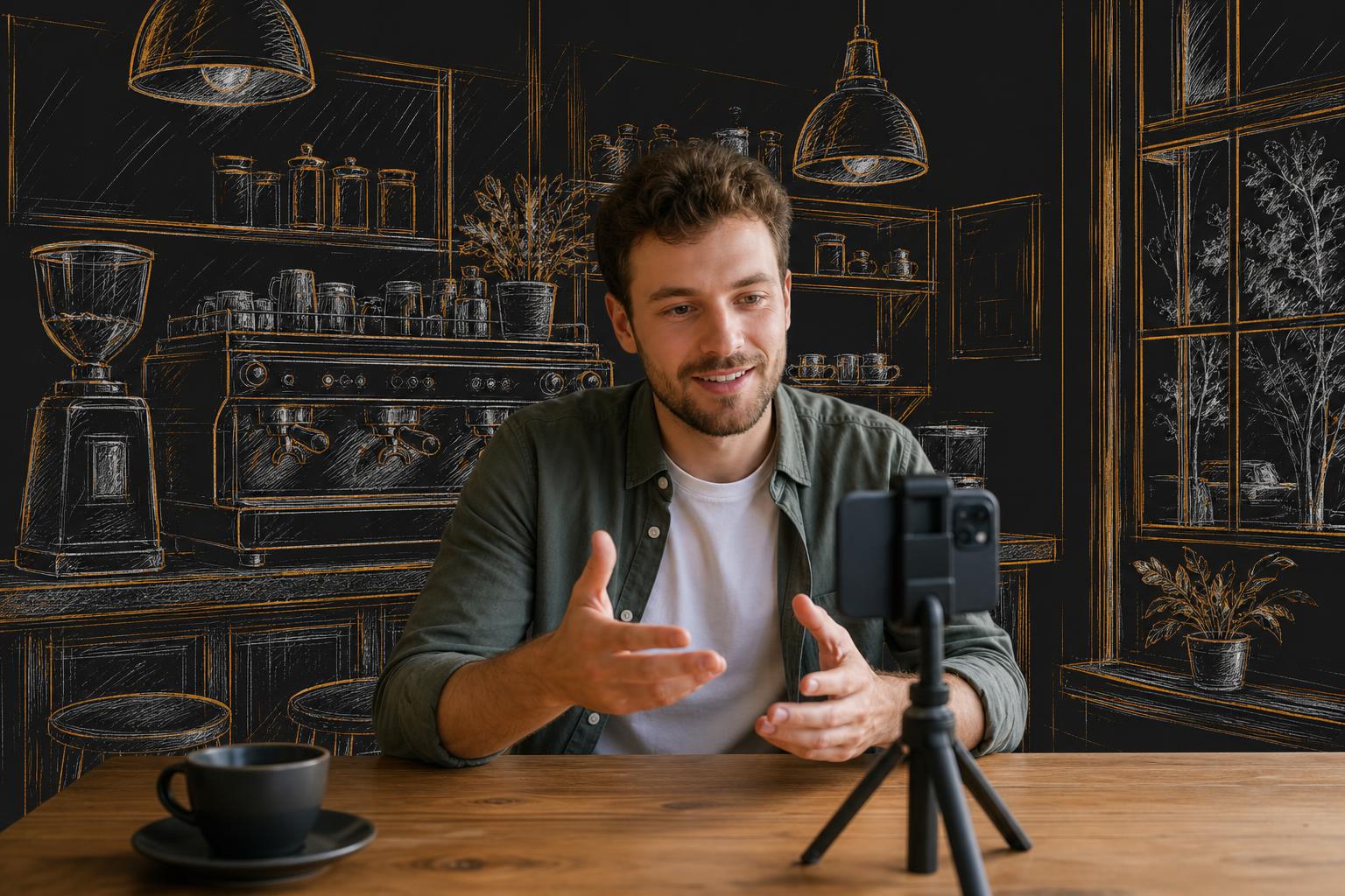 Small business owner filming a short video on a smartphone inside a local cafe, sketched surroundings