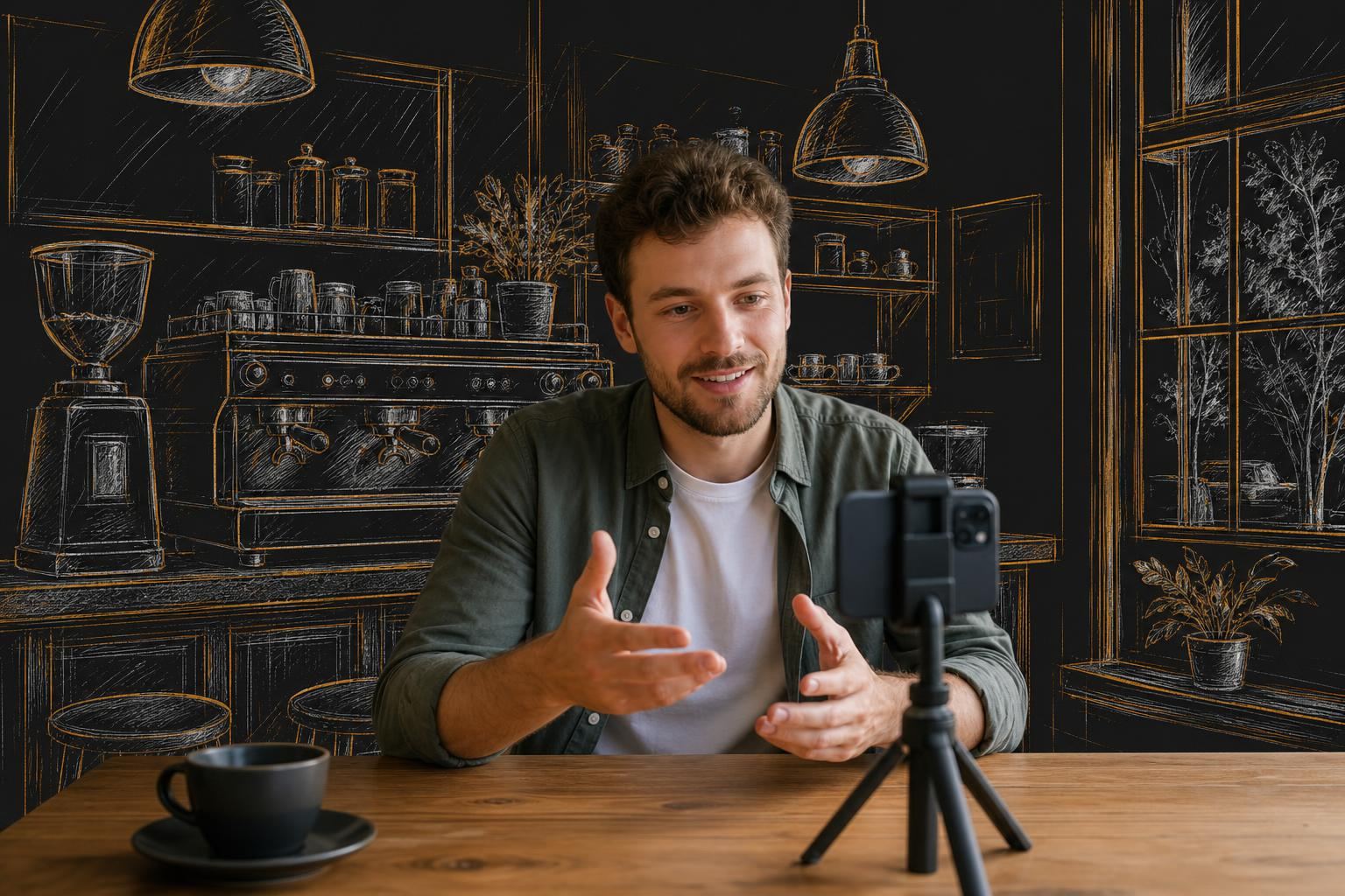Small business owner filming a short video on a smartphone inside a local cafe, sketched surroundings